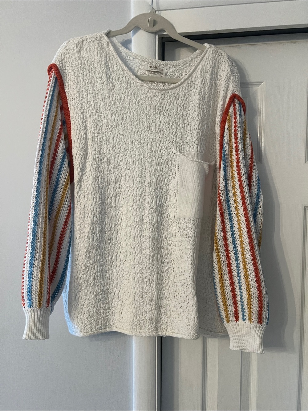 Mello Los Angeles Unique Textured White Sweater with Multicolor Striped Sleeves